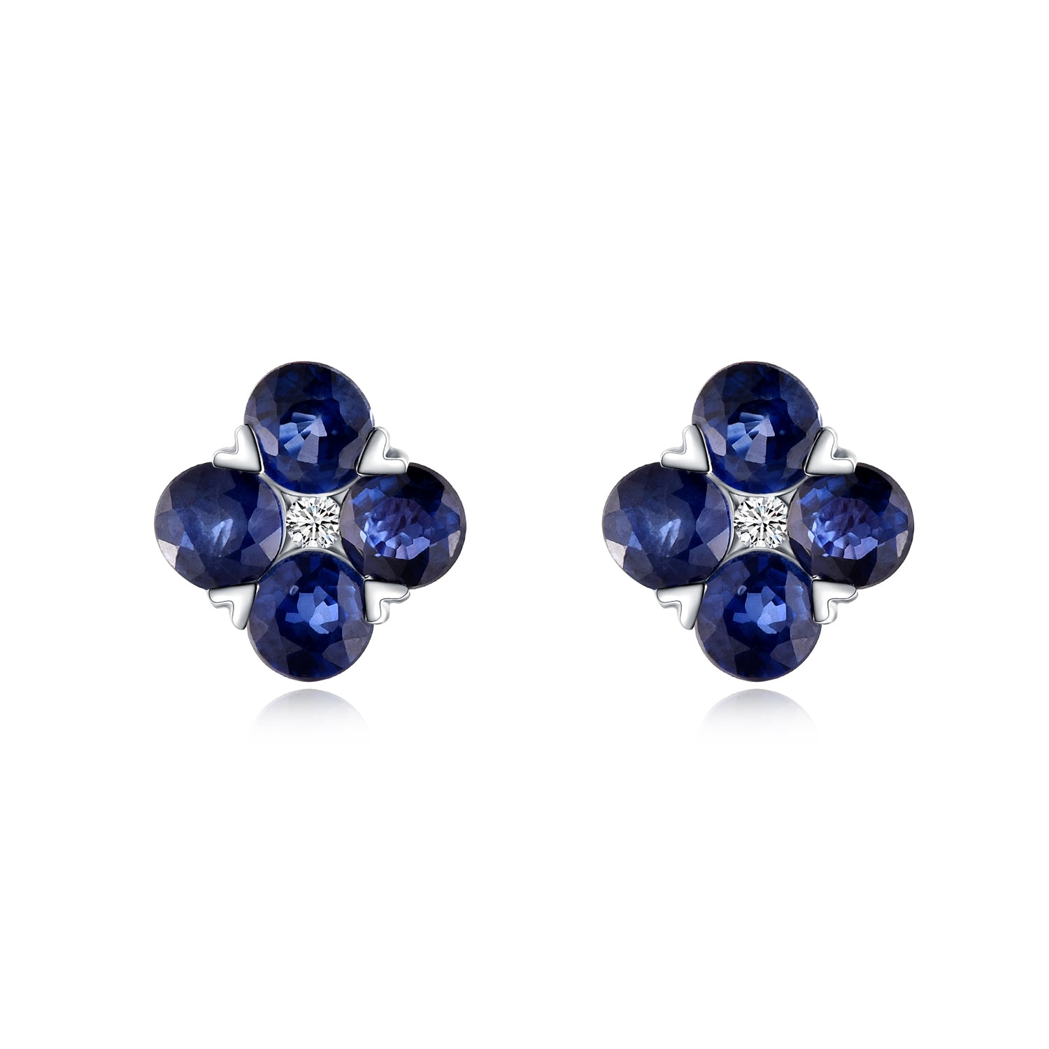 14Kt Blue Sapphires Flower Clover American Modern Lab Grown Diamond White Gold