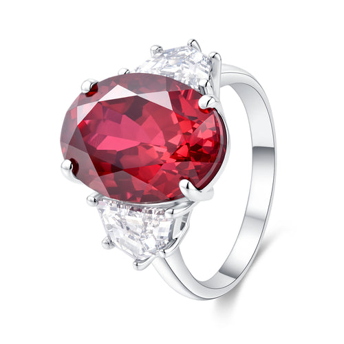 14K White Gold Three-Stone Oval Lab Grown Ruby Ring with Cadillac Cut Diamonds