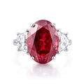14K White Gold Three-Stone Oval Lab Grown Ruby Ring with Cadillac Cut Diamonds