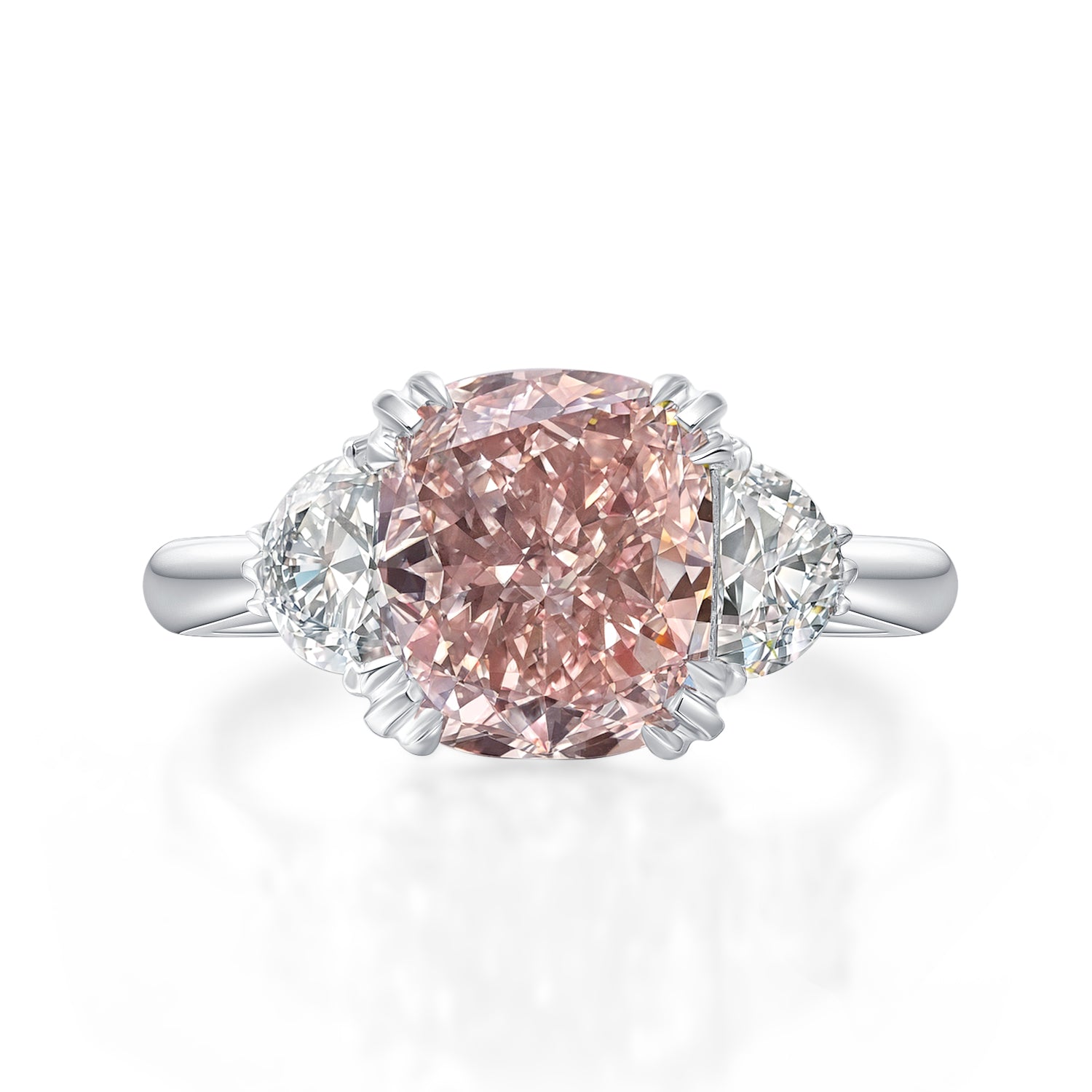3.54ct Cushion Pink Lab Diamond 18K White Gold Half Moon Three-Stone Engagement Ring