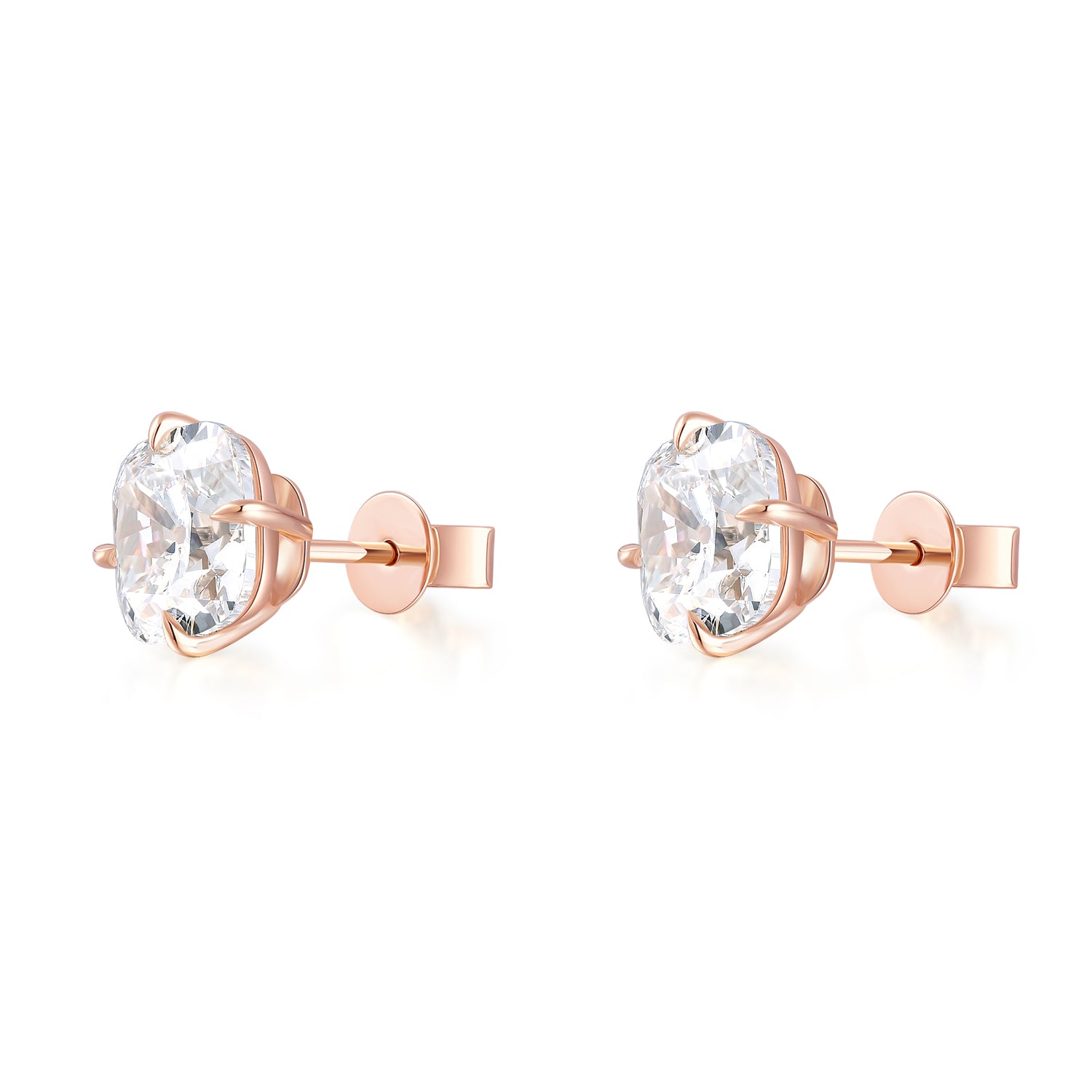 18k Rose Gold Stud Earrings With Old Miner Cushion Shape Lab Grown Diamond
